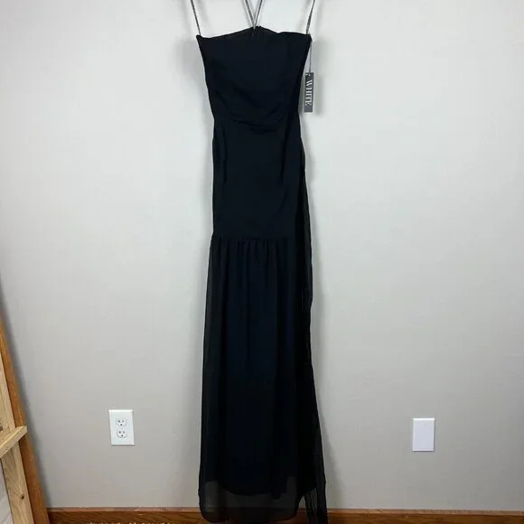 White Vera Wang Dress Womens 8 Black Crinkle Chiffon Trumpet Hem Strapless  Gown